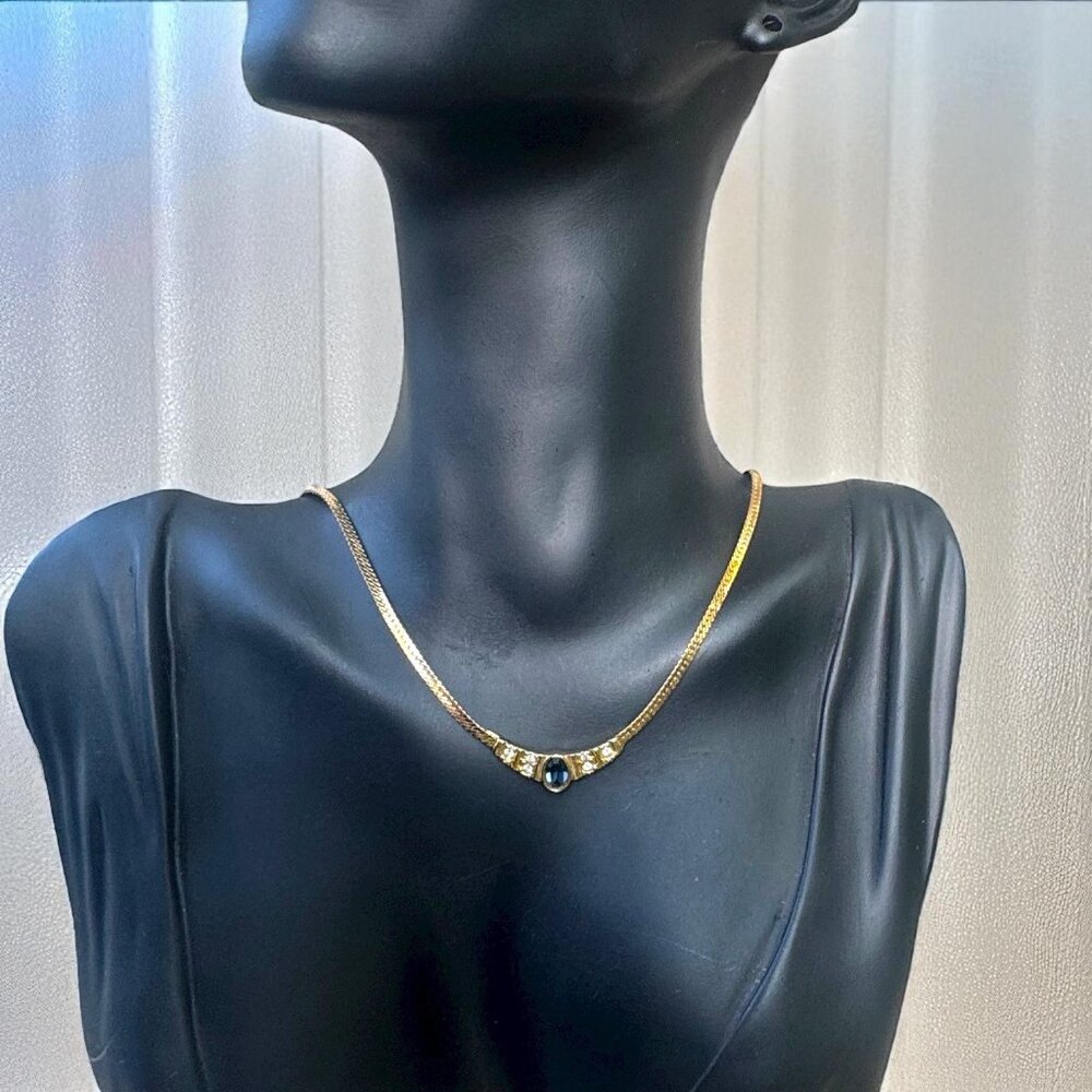Vintage Avon 80s Blue Sapphire & Rhinestones Gold-Tone Choker Necklace - Picture 5 of 9